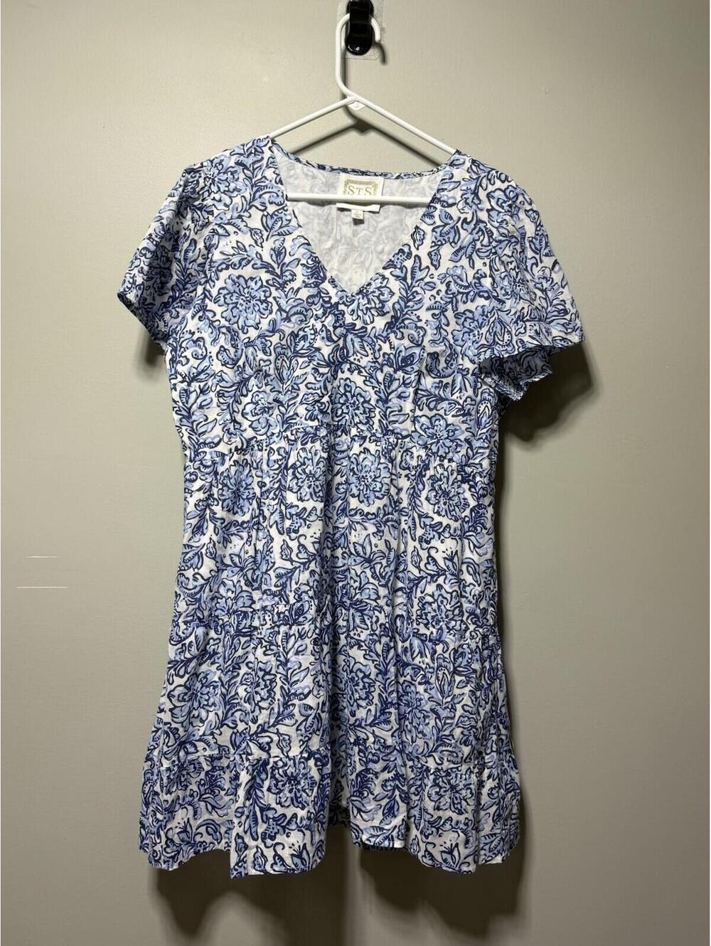 Sail to Sable STS Blue White Medallion Floral Cotton Tiered V-Neck Mini Dress XL